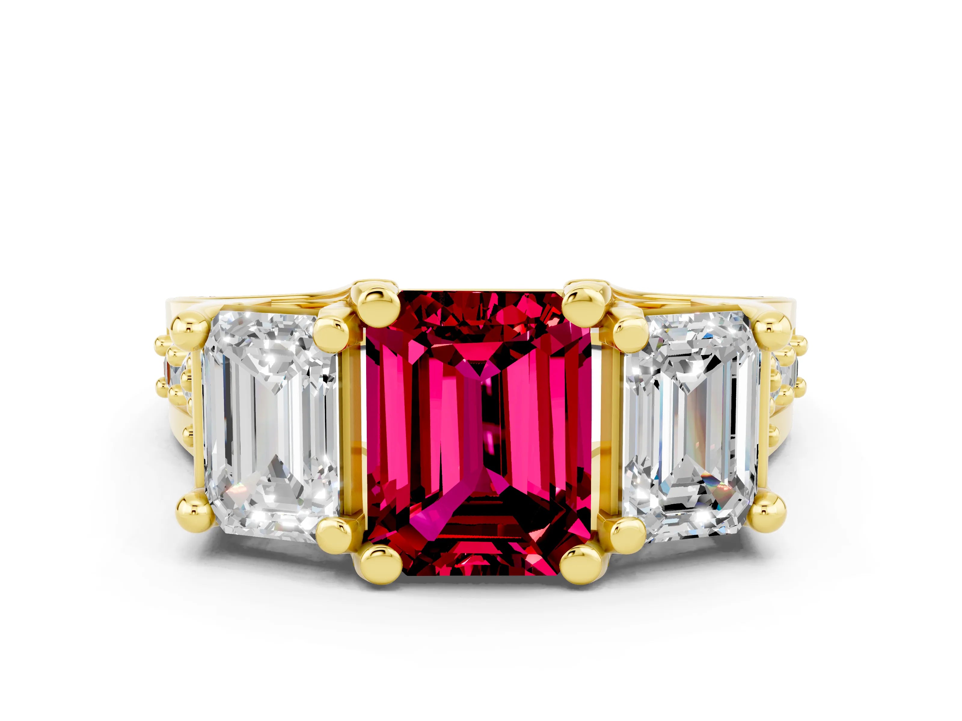 Yellow gold Emerald Cut Garnet Three-Stone Ring with Channel Set Band and Four-Prong Setting