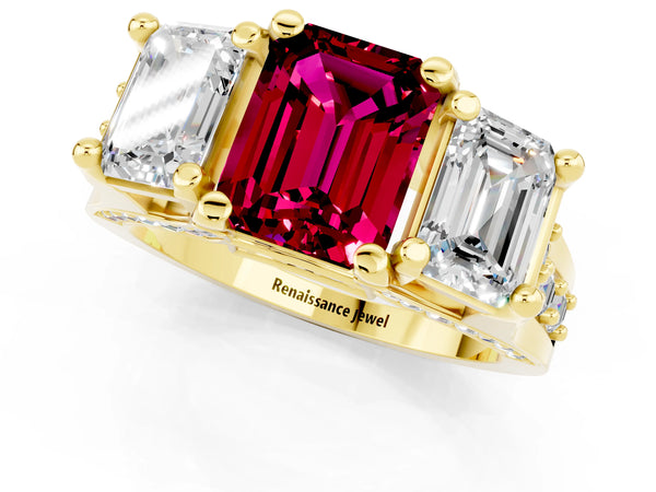 Yellow gold Emerald Cut Garnet Three-Stone Ring with Channel Set Band and Four-Prong Setting