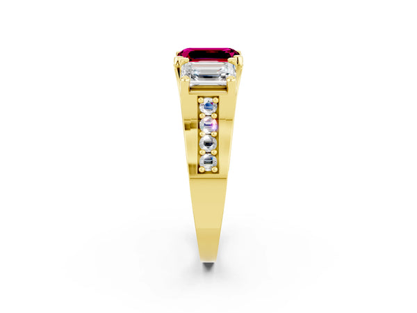 Yellow gold Emerald Cut Garnet Three-Stone Ring with Channel Set Band and Four-Prong Setting