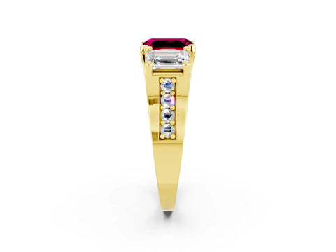 Yellow gold Emerald Cut Garnet Three-Stone Ring with Channel Set Band and Four-Prong Setting_2