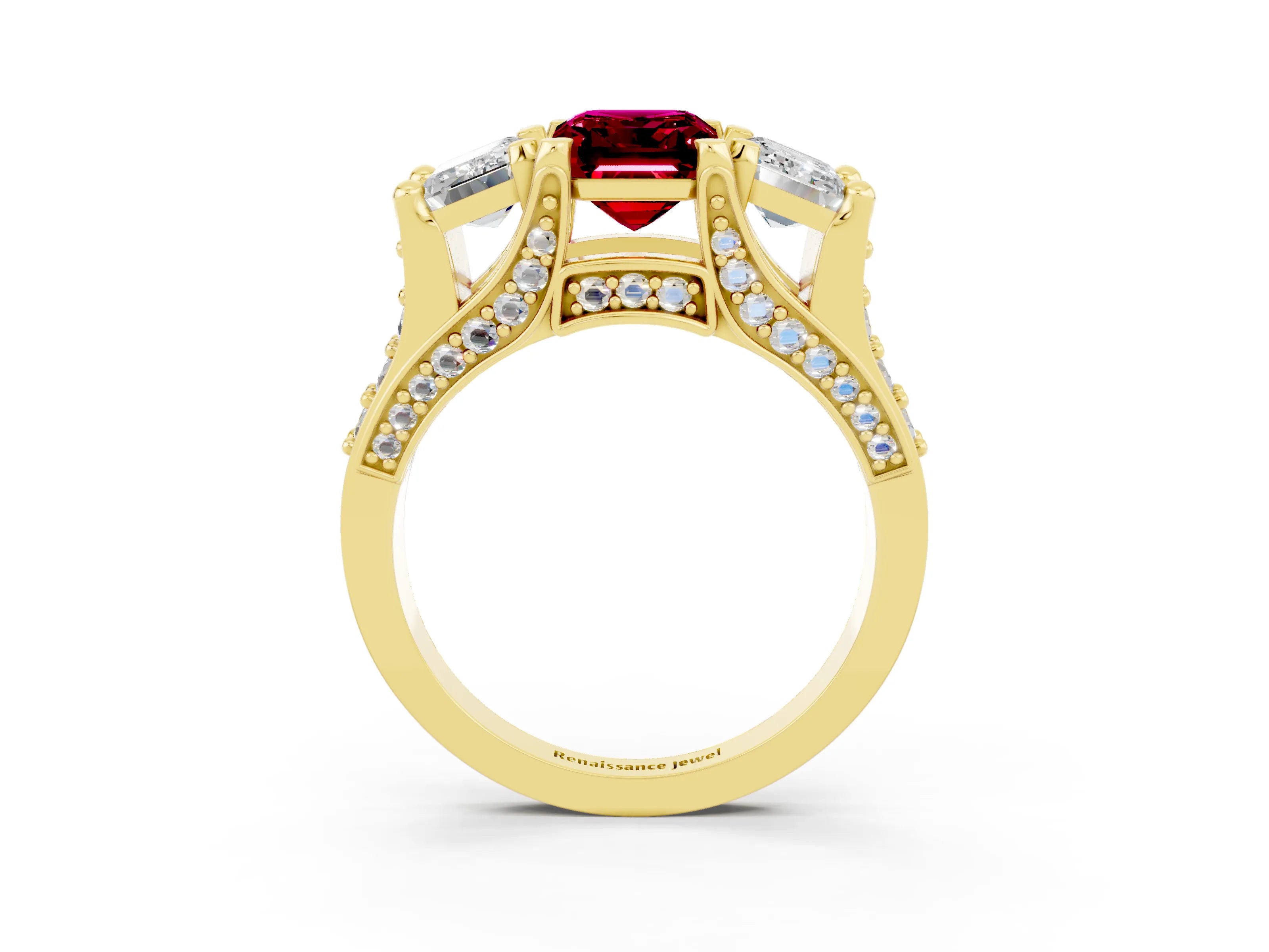 Yellow gold Emerald Cut Garnet Three-Stone Ring with Channel Set Band and Four-Prong Setting_3