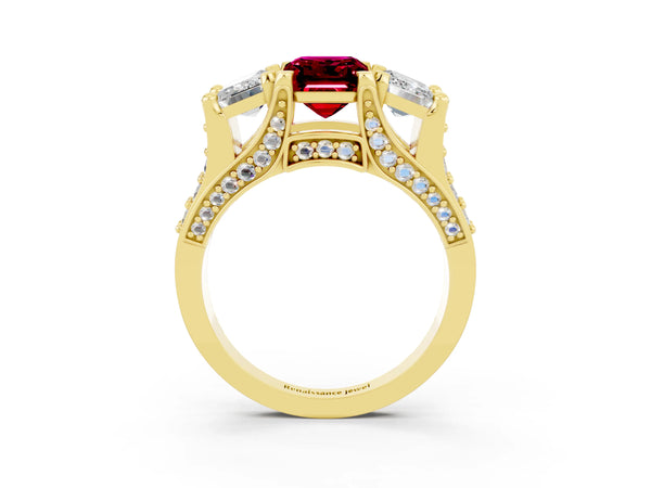 Yellow gold Emerald Cut Garnet Three-Stone Ring with Channel Set Band and Four-Prong Setting