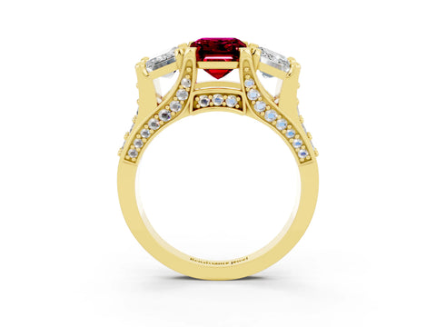 Yellow gold Emerald Cut Garnet Three-Stone Ring with Channel Set Band and Four-Prong Setting_3