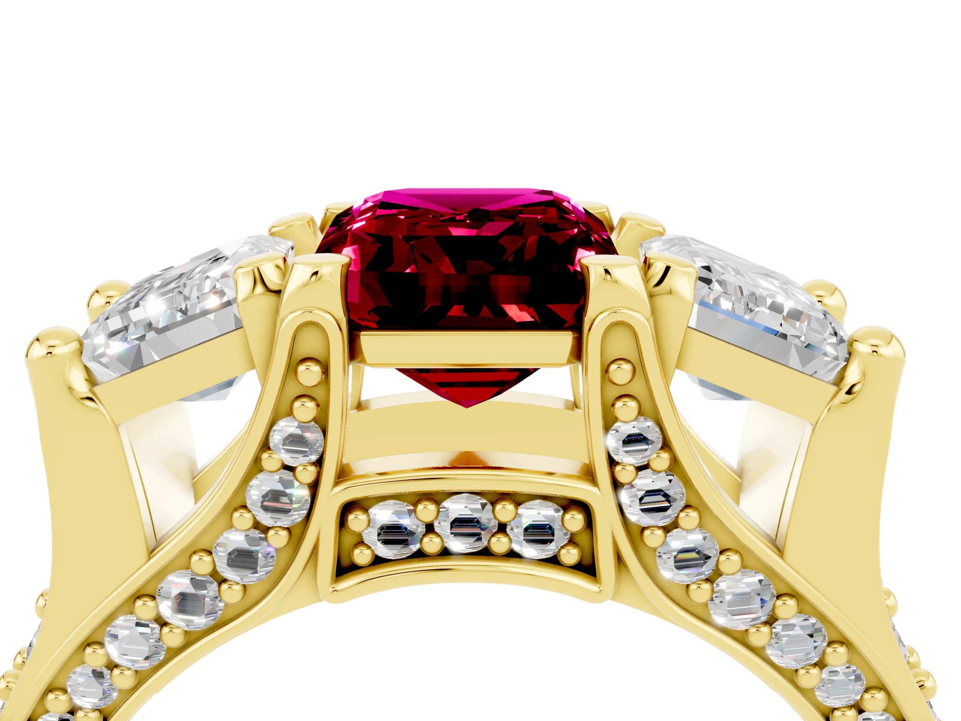 Yellow gold Emerald Cut Garnet Three-Stone Ring with Channel Set Band and Four-Prong Setting_4