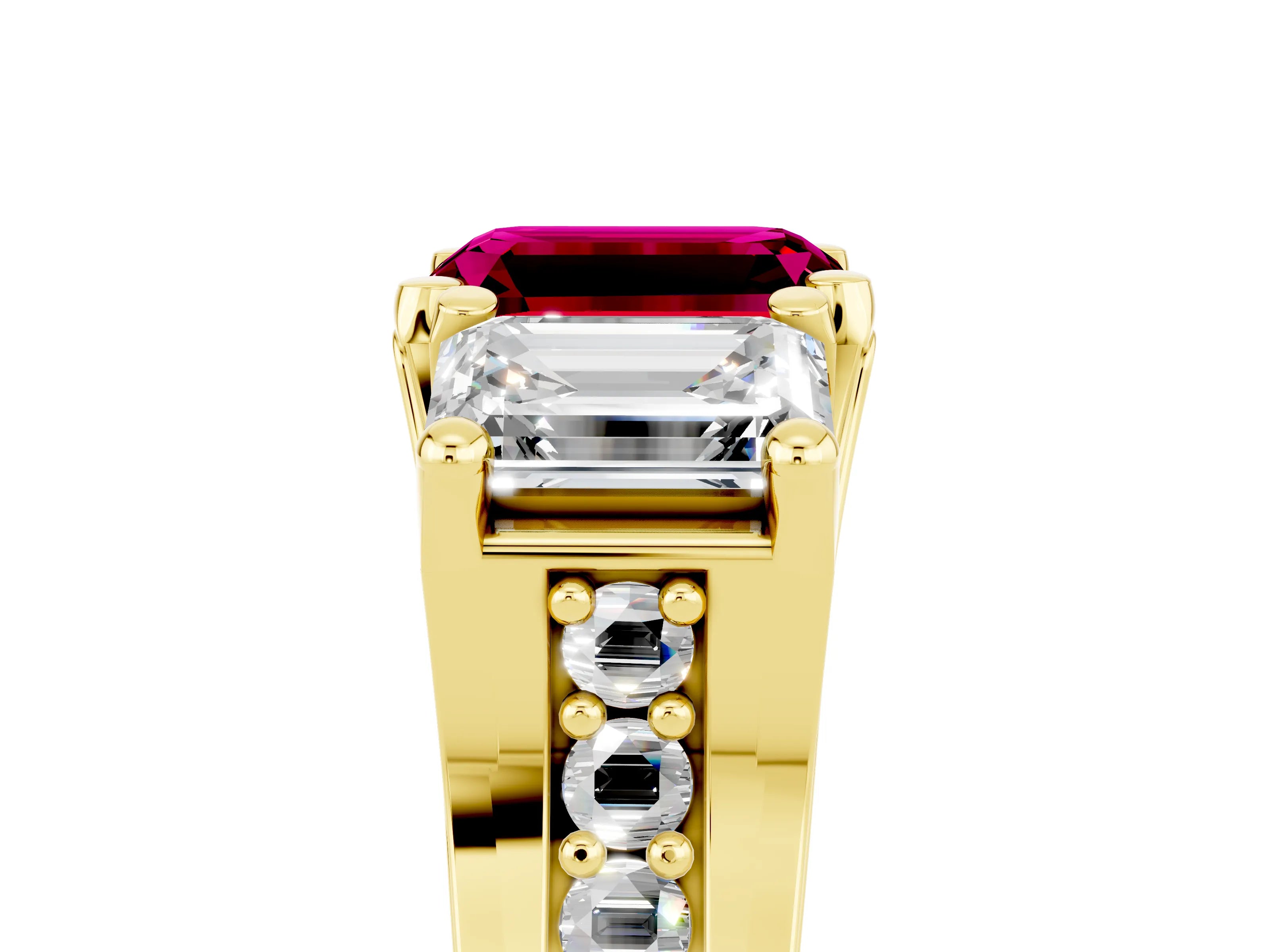 Yellow gold Emerald Cut Garnet Three-Stone Ring with Channel Set Band and Four-Prong Setting_5