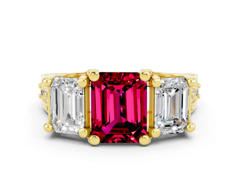 Yellow gold Emerald Cut Garnet Three-Stone Ring with Channel Set Band and Four-Prong Setting