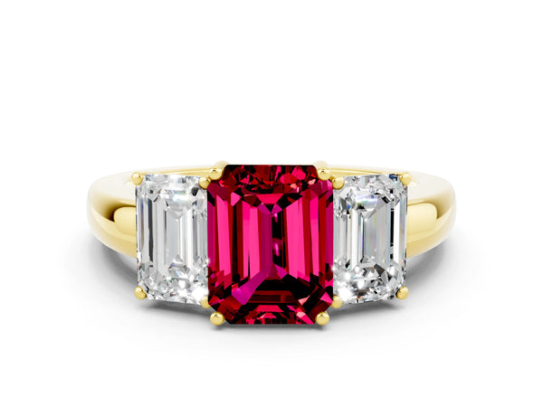 Yellow gold Emerald Cut Garnet Three-Stone Ring with Four-Prong Setting and Classic Band