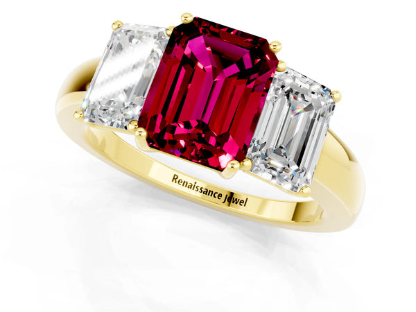 Yellow gold Emerald Cut Garnet Three-Stone Ring with Four-Prong Setting and Classic Band