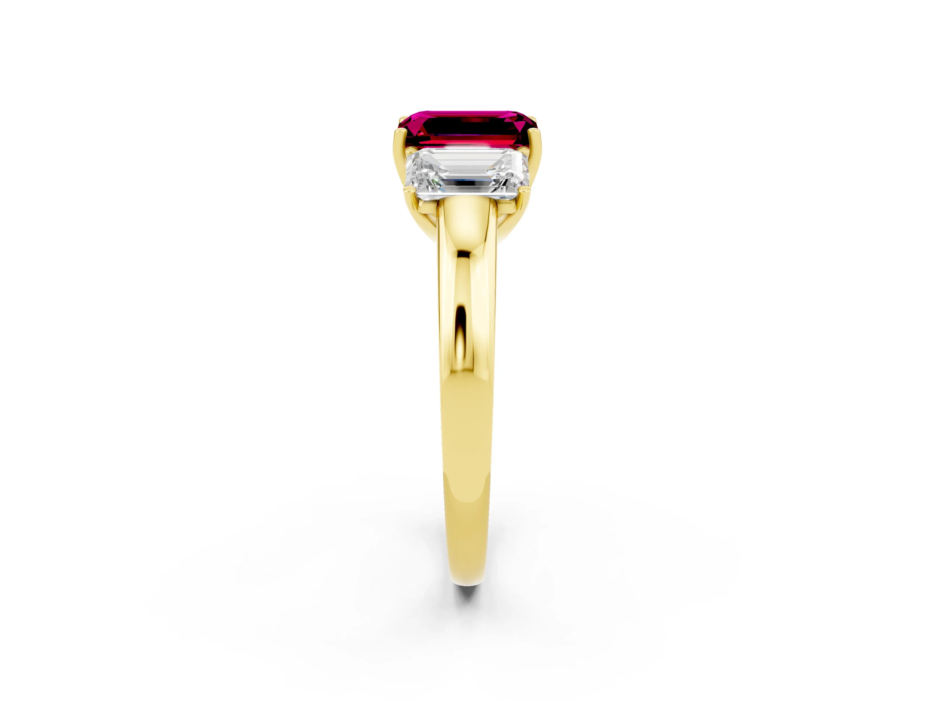 Yellow gold Emerald Cut Garnet Three-Stone Ring with Four-Prong Setting and Classic Band_2
