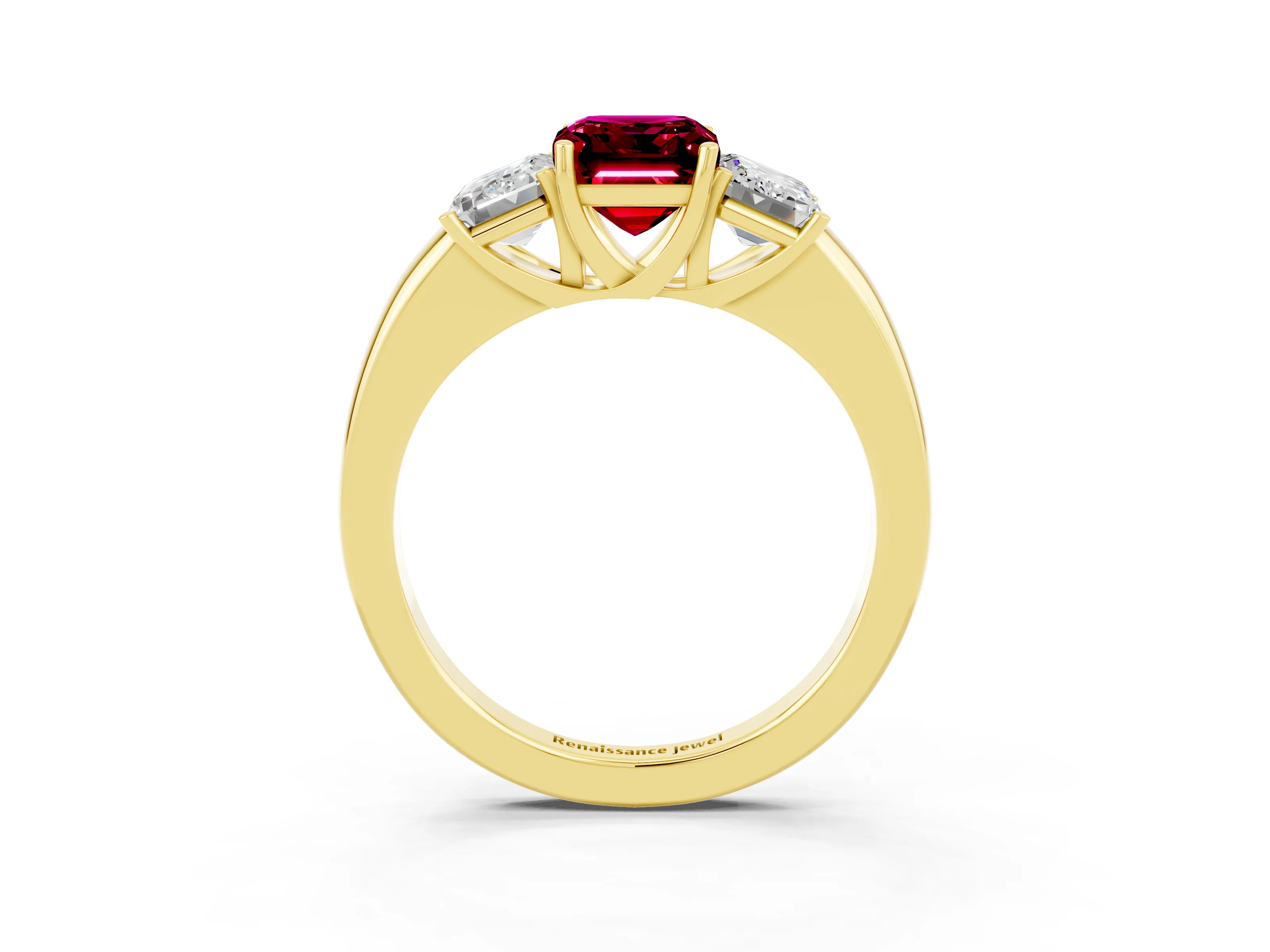Yellow gold Emerald Cut Garnet Three-Stone Ring with Four-Prong Setting and Classic Band_3