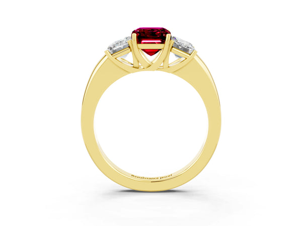 Yellow gold Emerald Cut Garnet Three-Stone Ring with Four-Prong Setting and Classic Band