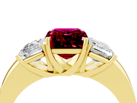 Yellow gold Emerald Cut Garnet Three-Stone Ring with Four-Prong Setting and Classic Band_4