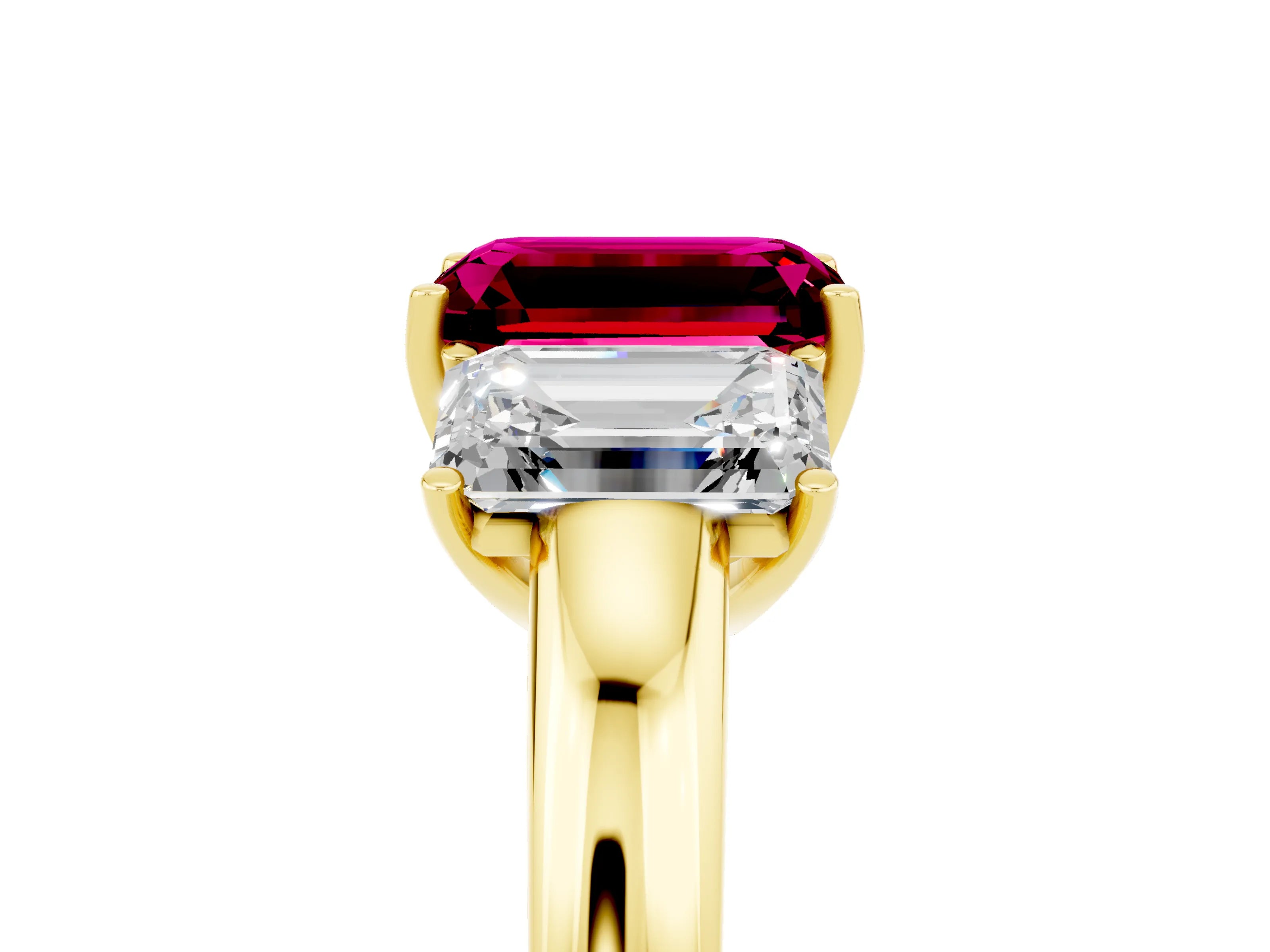 Yellow gold Emerald Cut Garnet Three-Stone Ring with Four-Prong Setting and Classic Band_5