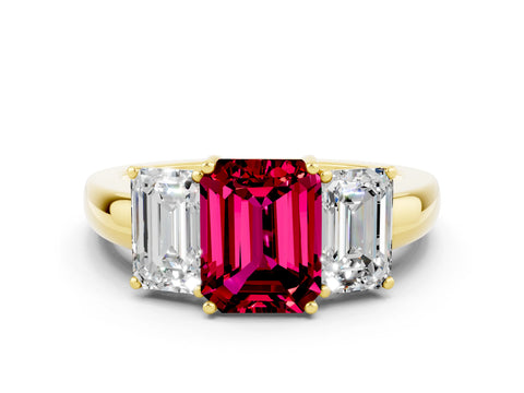 Yellow gold Emerald Cut Garnet Three-Stone Ring with Four-Prong Setting and Classic Band
