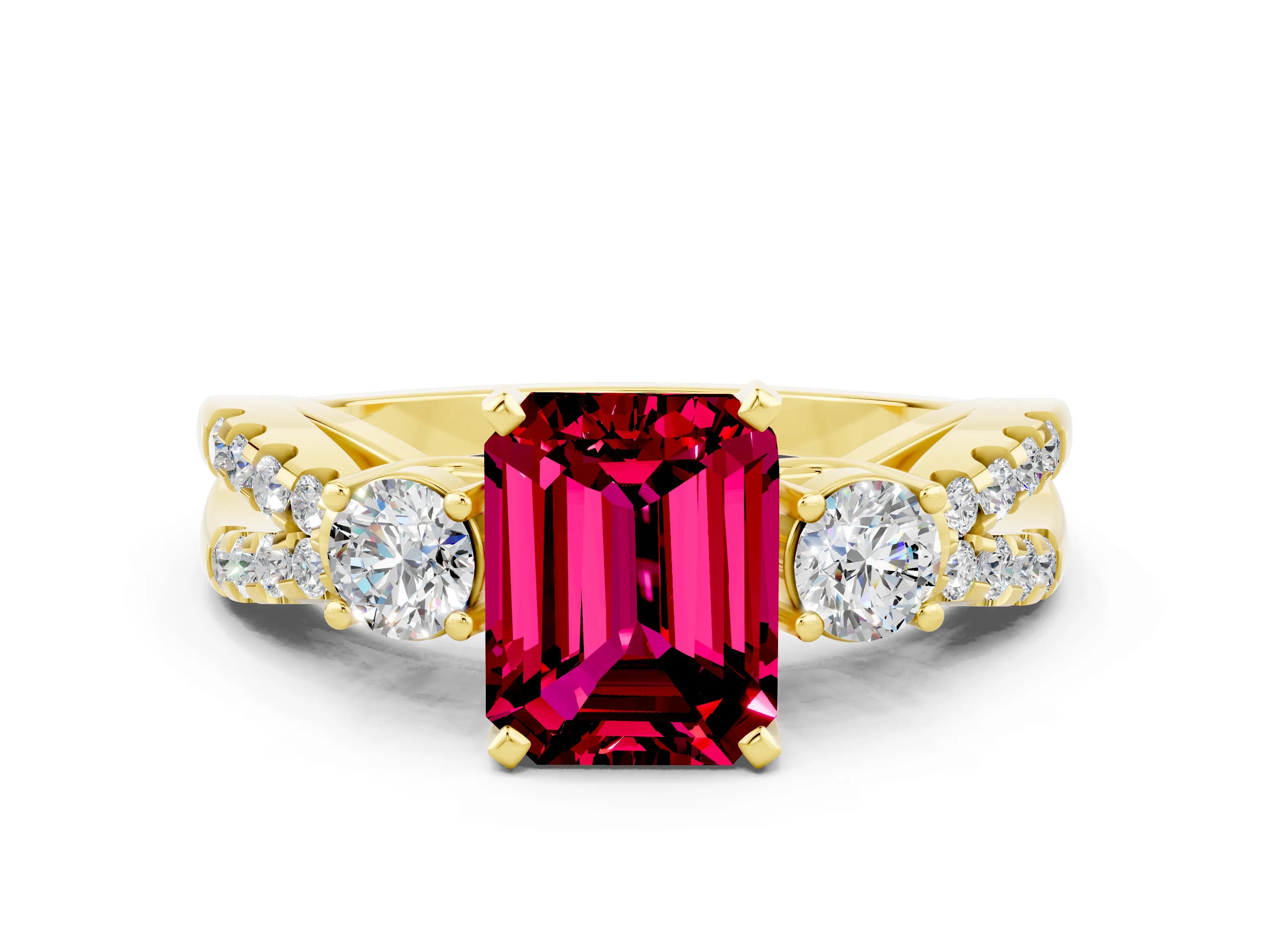 Yellow gold Emerald Cut Garnet Three-Stone Ring with Pavé Split Shank and Four-Prong Setting
