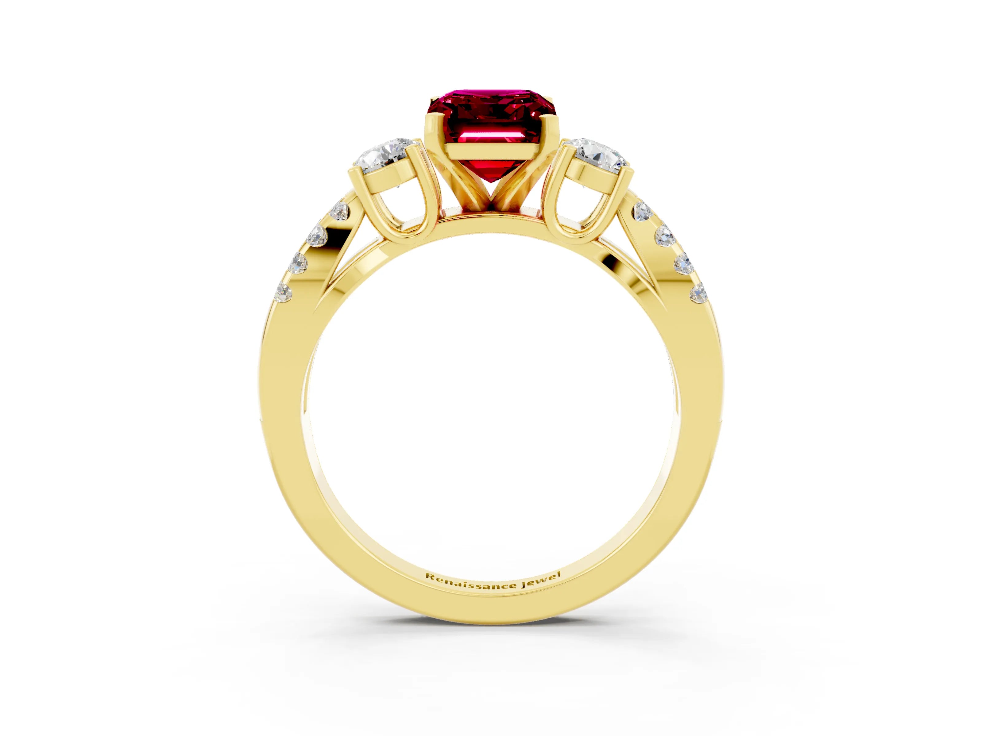 Yellow gold Emerald Cut Garnet Three-Stone Ring with Pavé Split Shank and Four-Prong Setting_3