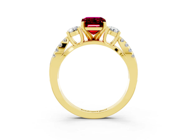 Yellow gold Emerald Cut Garnet Three-Stone Ring with Pavé Split Shank and Four-Prong Setting