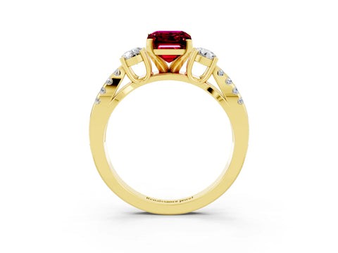 Yellow gold Emerald Cut Garnet Three-Stone Ring with Pavé Split Shank and Four-Prong Setting_3