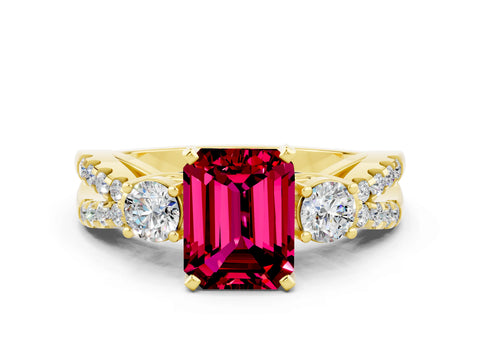 Yellow gold Emerald Cut Garnet Three-Stone Ring with Pavé Split Shank and Four-Prong Setting