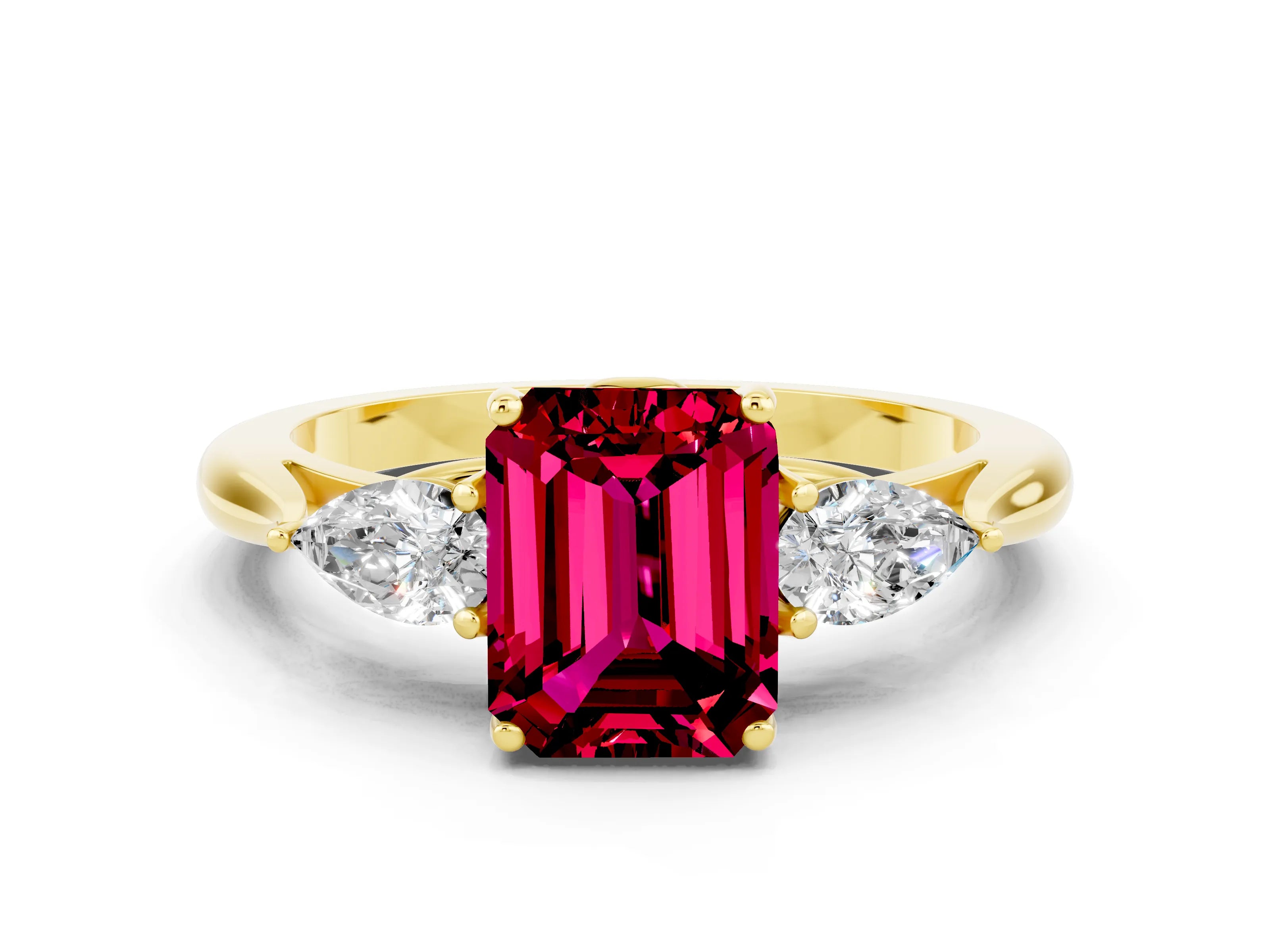 Yellow gold Emerald Cut Garnet Three-Stone Ring with Pear Side Stones and Four-Prong Setting_12