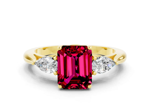 Yellow gold Emerald Cut Garnet Three-Stone Ring with Pear Side Stones and Four-Prong Setting_12