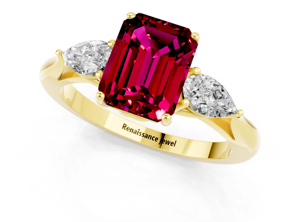 Yellow gold Emerald Cut Garnet Three-Stone Ring with Pear  Side Stones and Prong Setting
