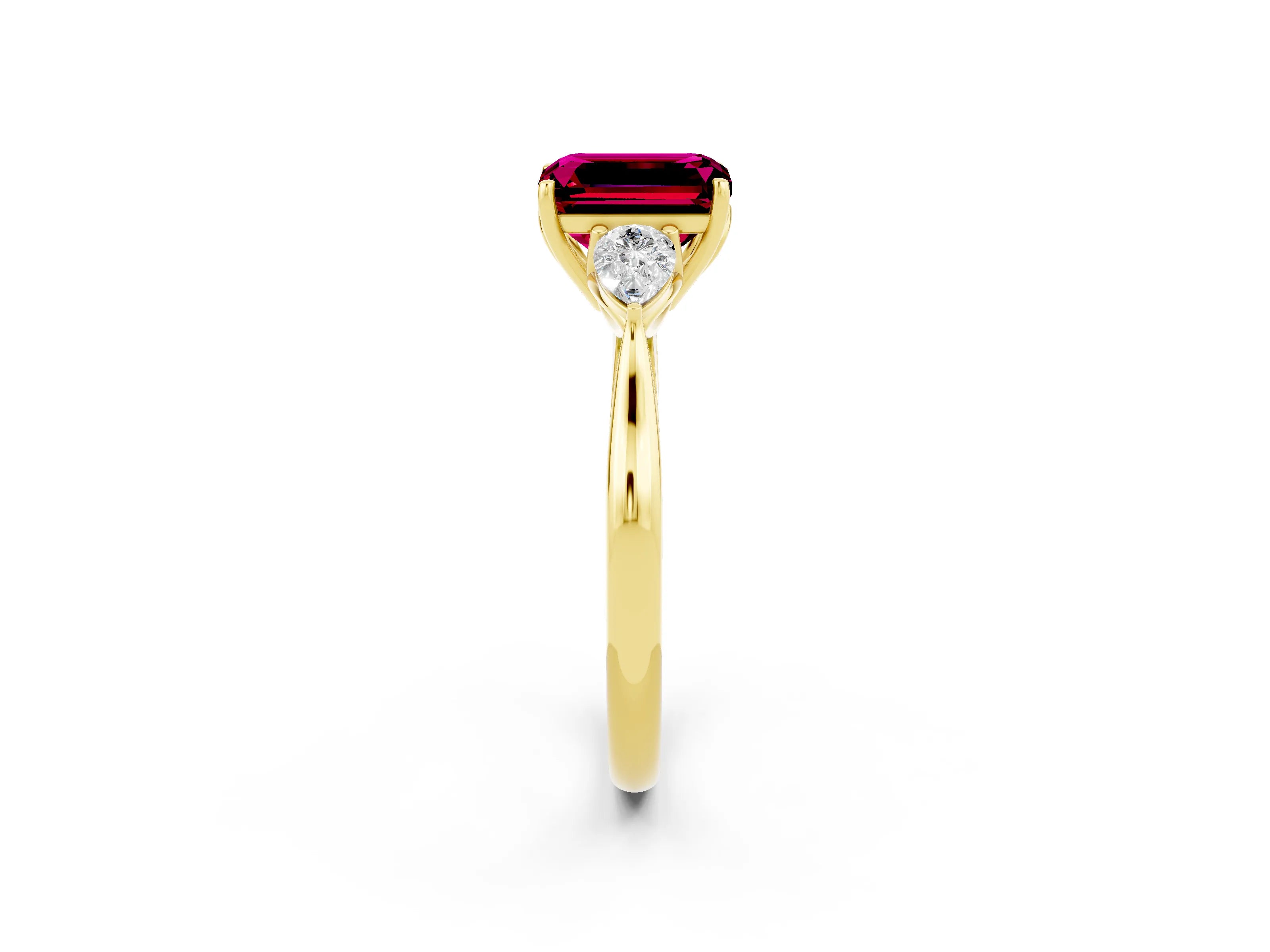Yellow gold Emerald Cut Garnet Three-Stone Ring with Pear Side Stones and Four-Prong Setting_14