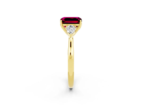 Yellow gold Emerald Cut Garnet Three-Stone Ring with Pear  Side Stones and Prong Setting