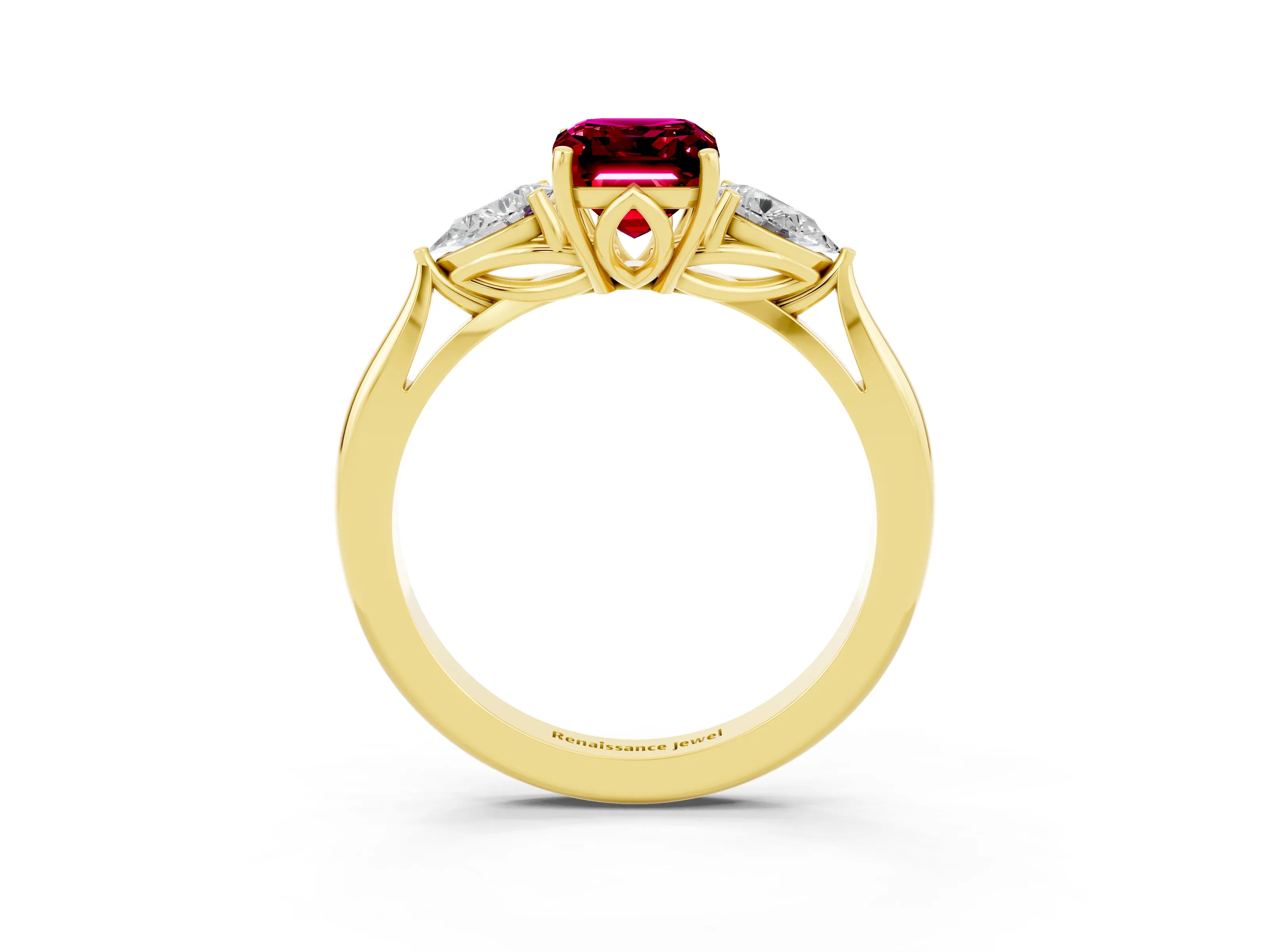 Yellow gold Emerald Cut Garnet Three-Stone Ring with Pear Side Stones and Four-Prong Setting_15