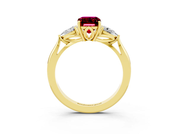 Yellow gold Emerald Cut Garnet Three-Stone Ring with Pear  Side Stones and Prong Setting