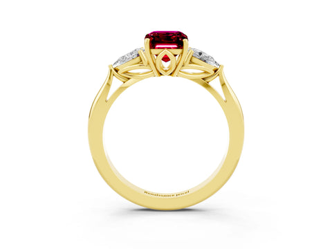 Yellow gold Emerald Cut Garnet Three-Stone Ring with Pear Side Stones and Four-Prong Setting_15