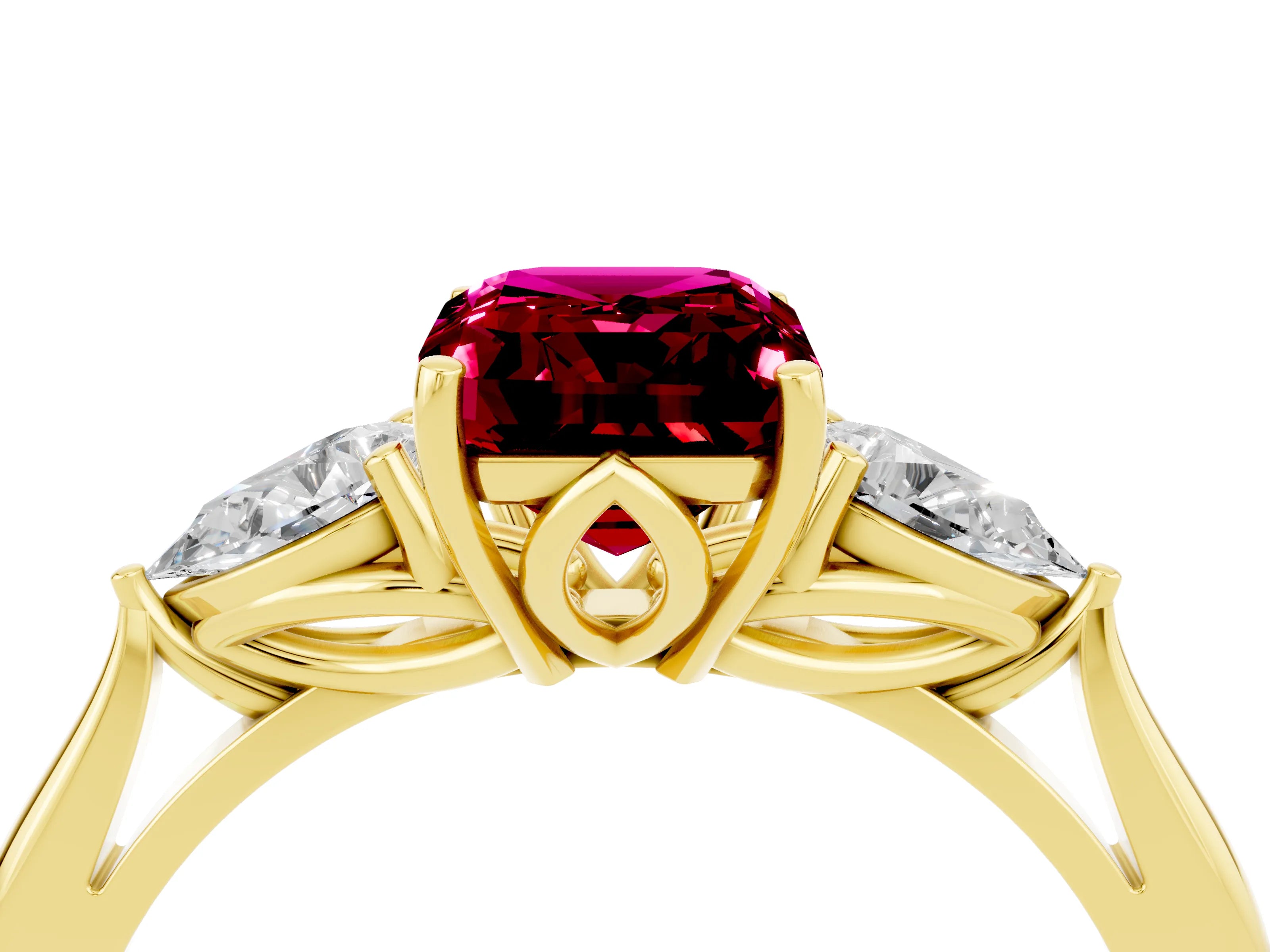 Yellow gold Emerald Cut Garnet Three-Stone Ring with Pear Side Stones and Four-Prong Setting_16