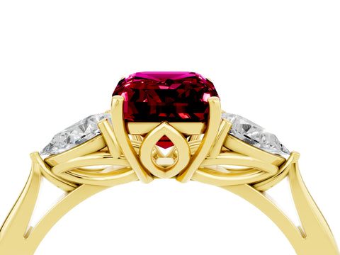Yellow gold Emerald Cut Garnet Three-Stone Ring with Pear Side Stones and Four-Prong Setting_16