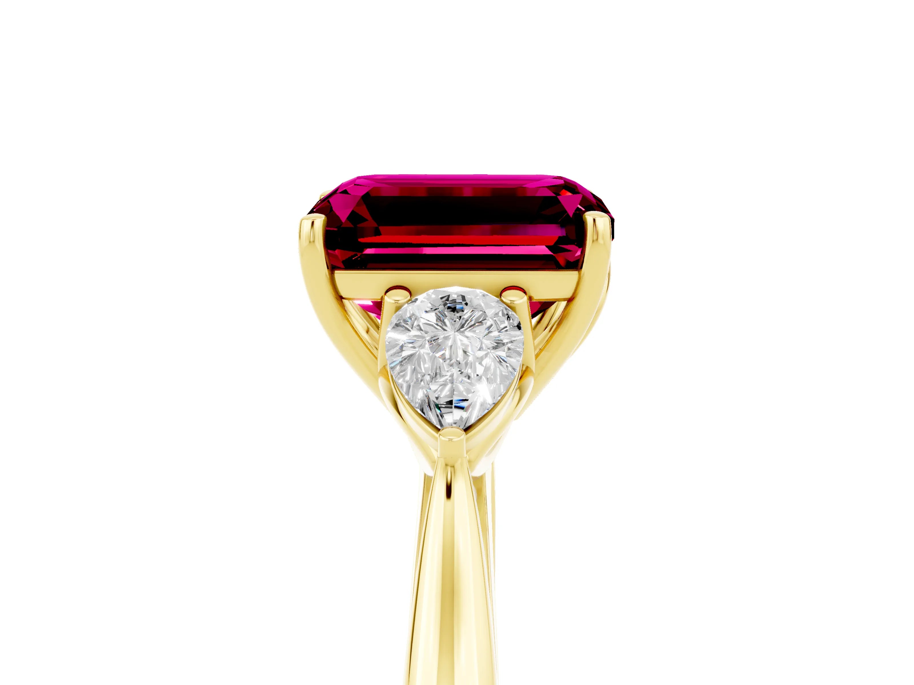 Yellow gold Emerald Cut Garnet Three-Stone Ring with Pear Side Stones and Four-Prong Setting_17