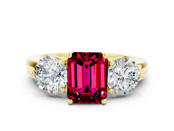 Yellow gold Emerald Cut Garnet Three-Stone Ring with Prong Setting and Classic Band