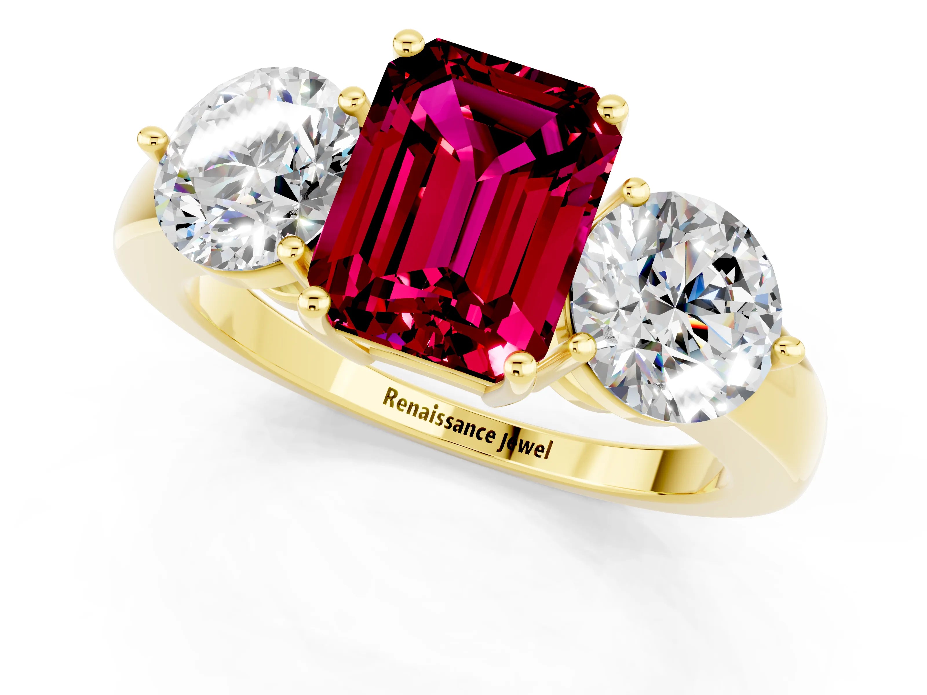 Yellow gold Emerald Cut Garnet Three-Stone Ring with Prong Setting and Classic Band_1