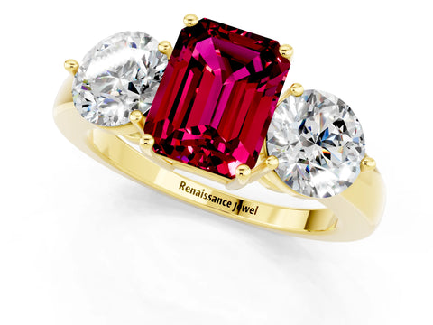 Yellow gold Emerald Cut Garnet Three-Stone Ring with Prong Setting and Classic Band_1