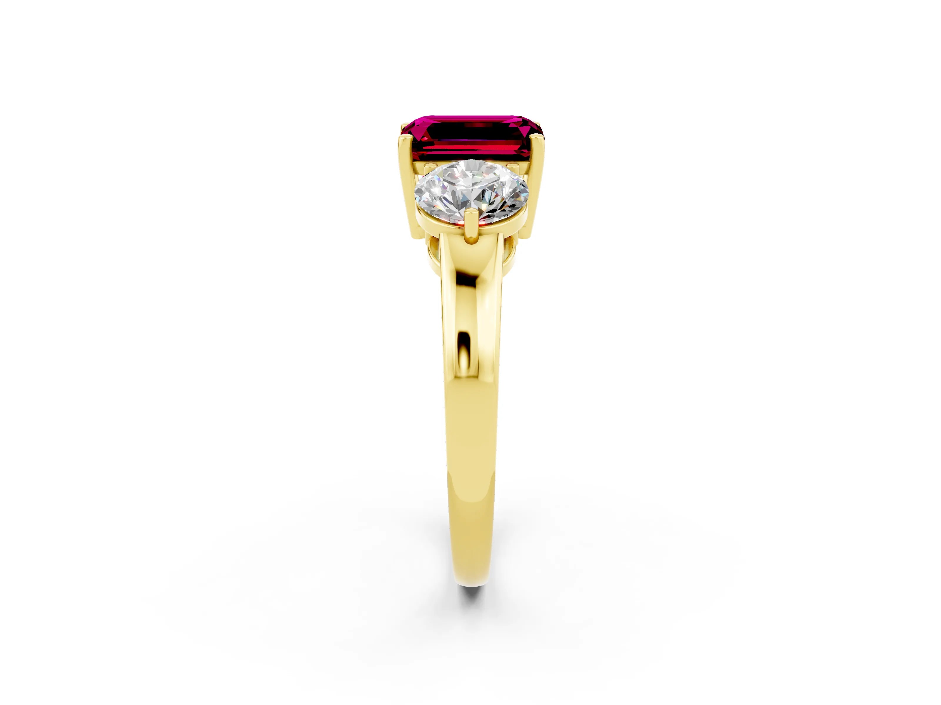 Yellow gold Emerald Cut Garnet Three-Stone Ring with Prong Setting and Classic Band_2