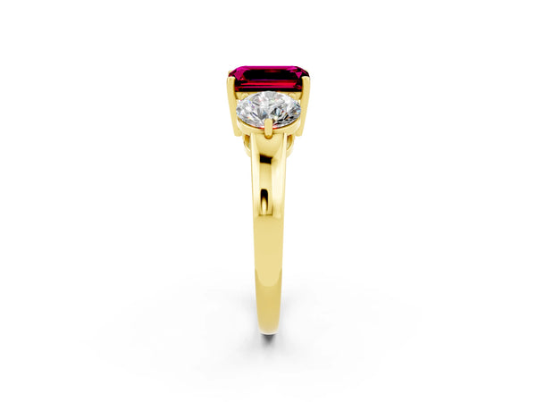Yellow gold Emerald Cut Garnet Three-Stone Ring with Prong Setting and Classic Band
