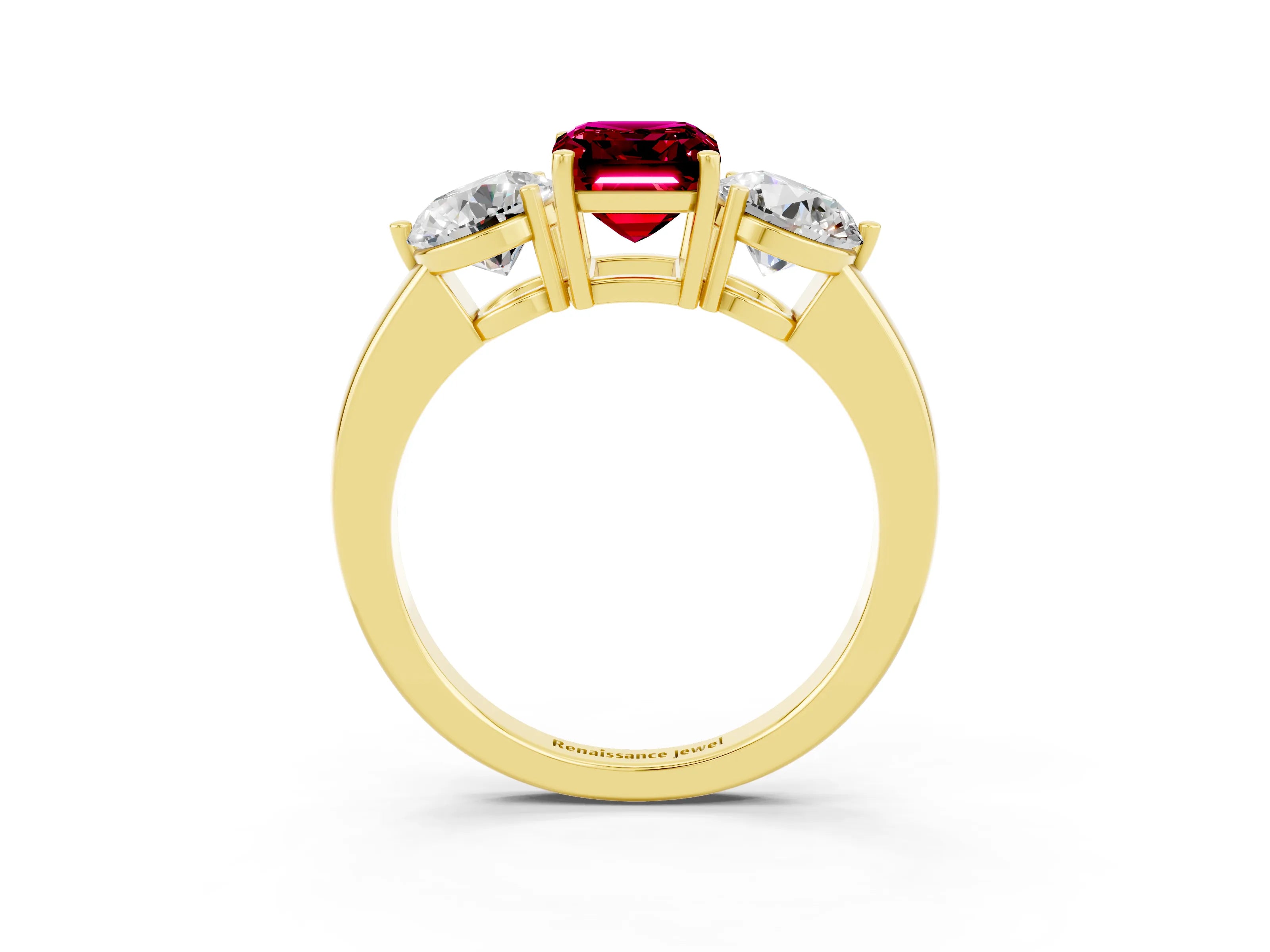 Yellow gold Emerald Cut Garnet Three-Stone Ring with Prong Setting and Classic Band_3