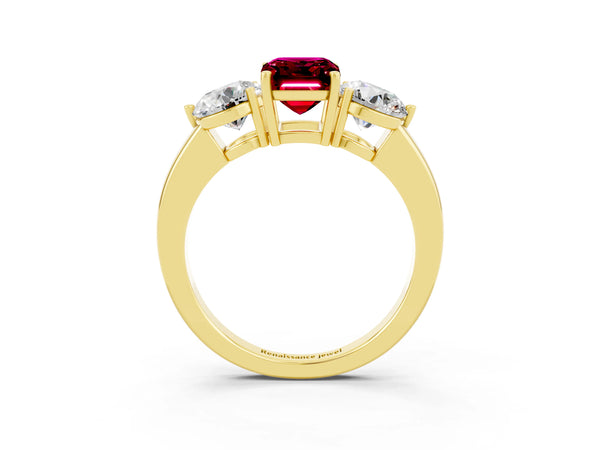Yellow gold Emerald Cut Garnet Three-Stone Ring with Prong Setting and Classic Band