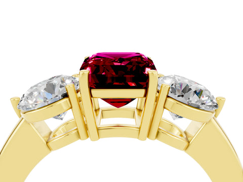 Yellow gold Emerald Cut Garnet Three-Stone Ring with Prong Setting and Classic Band_4