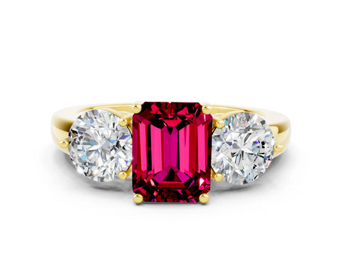 Yellow gold Emerald Cut Garnet Three-Stone Ring with Prong Setting and Classic Band