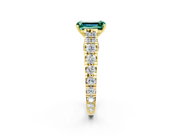 Yellow gold Emerald Cut Green Sapphire Classic Solitaire Ring with Pavé Band and Four-Prong Setting