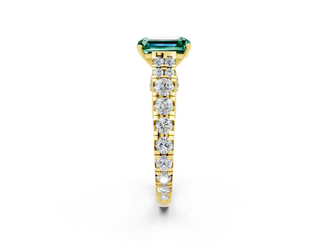 Yellow gold Emerald Cut Green Sapphire Classic Solitaire Ring with Pavé Band and Four-Prong Setting_2
