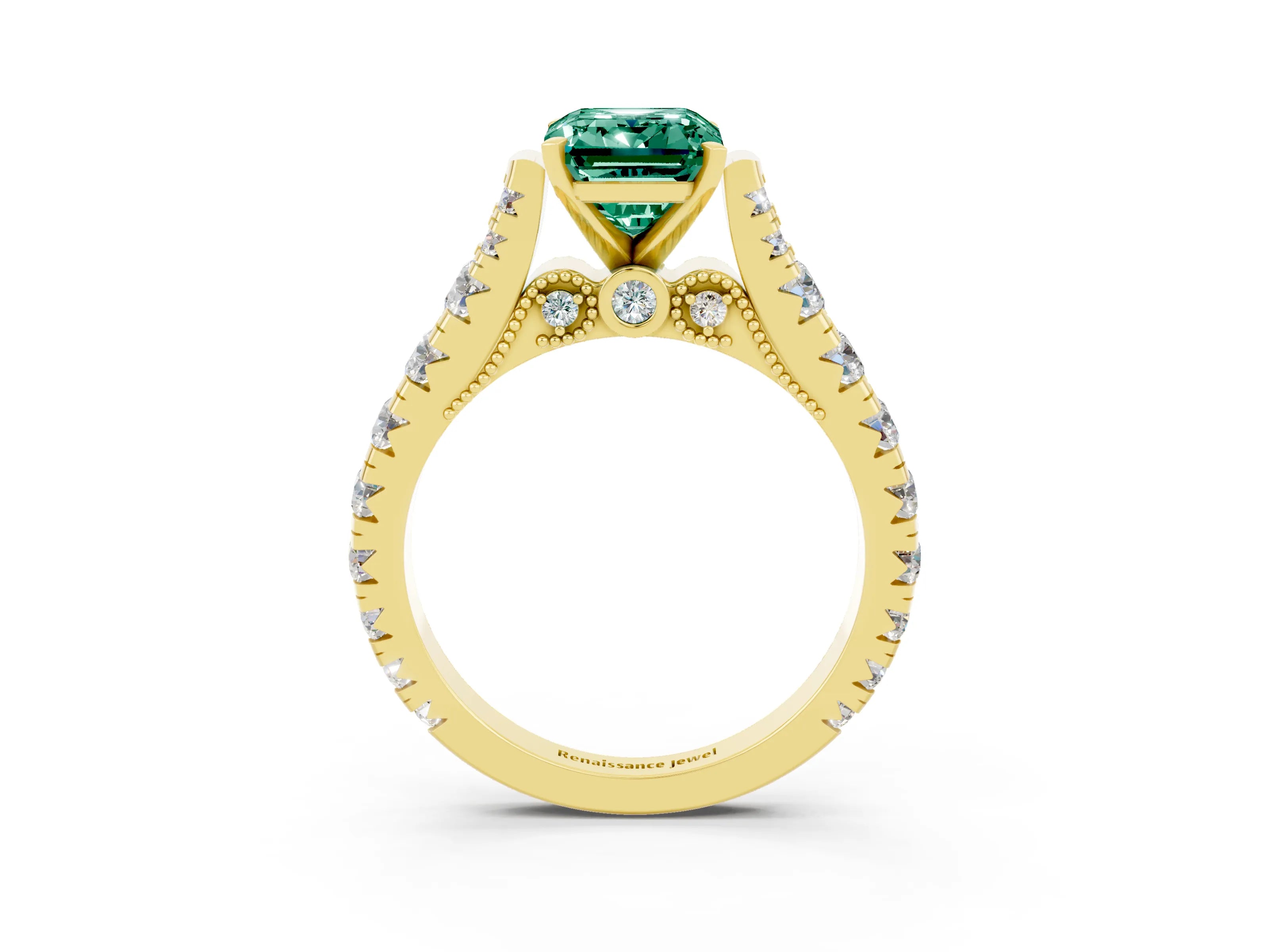 Yellow gold Emerald Cut Green Sapphire Classic Solitaire Ring with Pavé Band and Four-Prong Setting_3