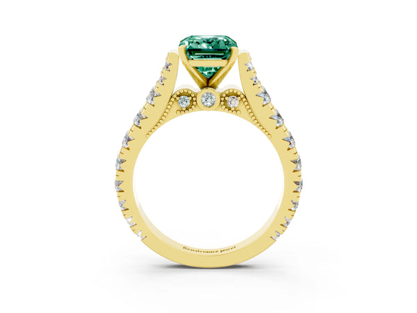 Yellow gold Emerald Cut Green Sapphire Classic Solitaire Ring with Pavé Band and Four-Prong Setting