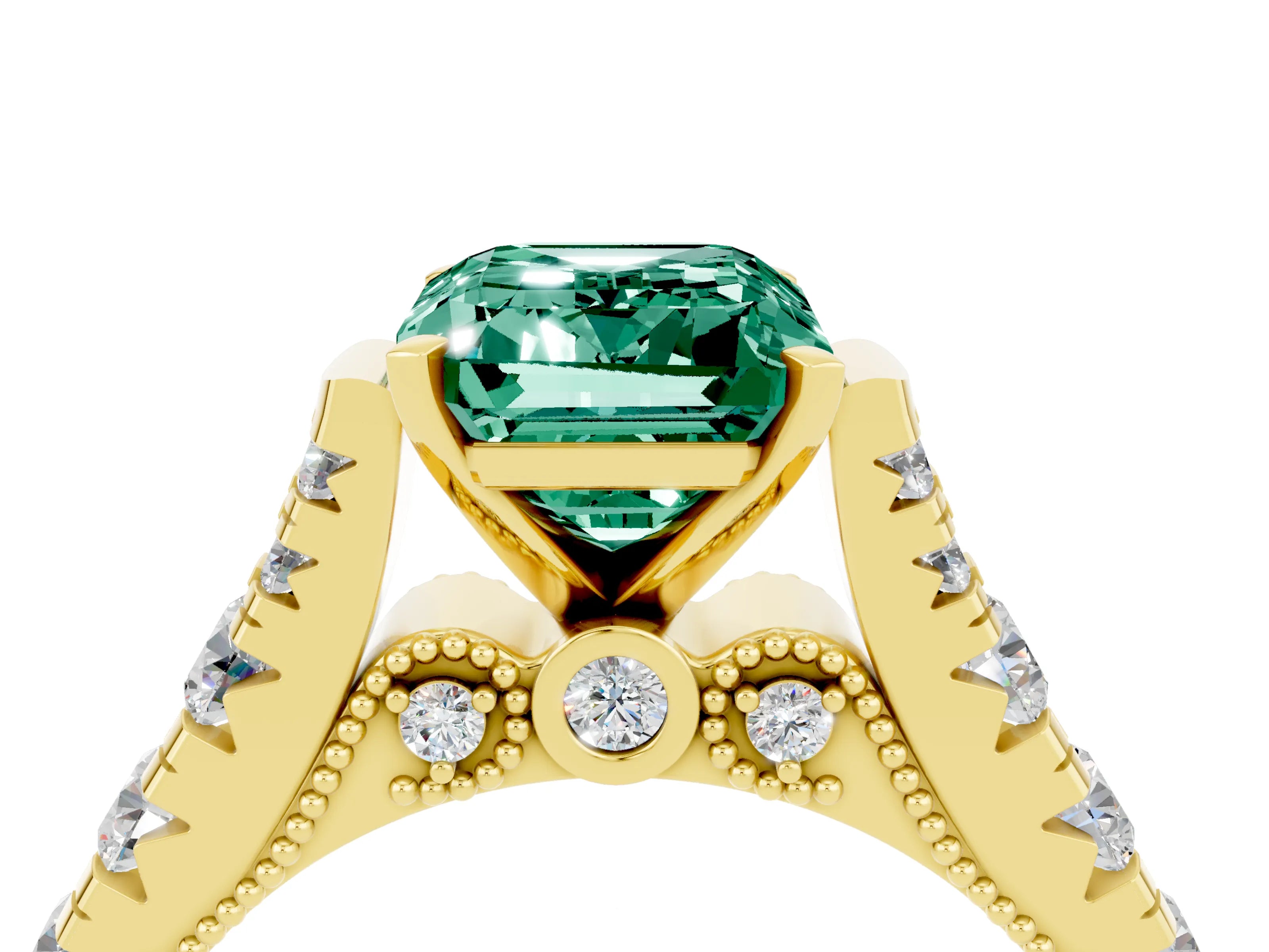 Yellow gold Emerald Cut Green Sapphire Classic Solitaire Ring with Pavé Band and Four-Prong Setting_4