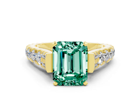 Yellow gold Emerald Cut Green Sapphire Classic Solitaire Ring with Pavé Band and Four-Prong Setting