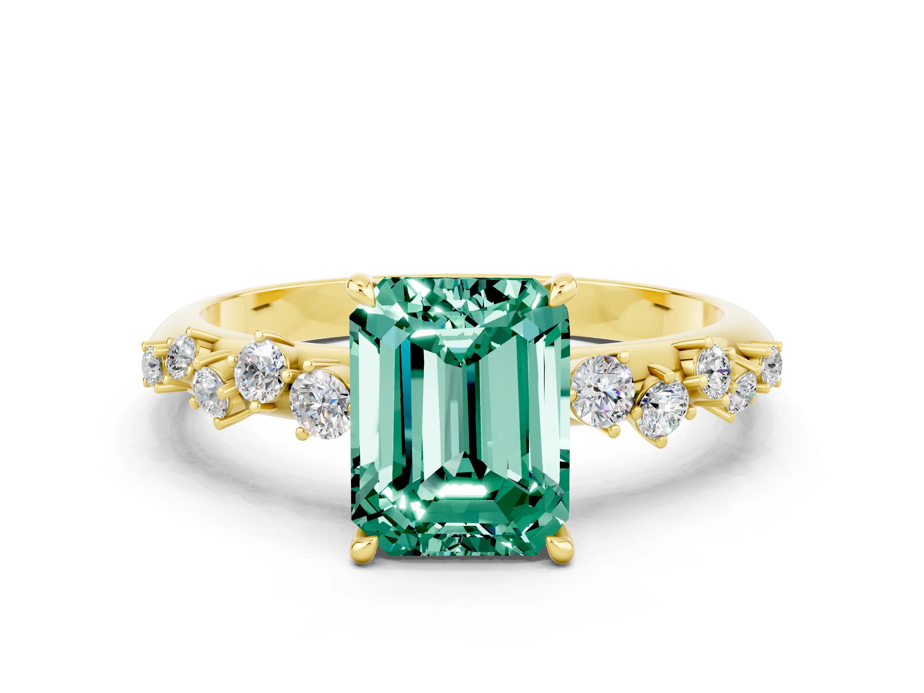 Yellow gold Emerald Cut Green Sapphire Cluster Side Stone Solitaire Ring with Prong Setting_24